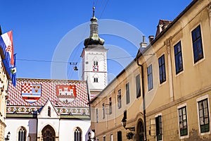 Zagreb city .Historic church in St. Mark`s Square, in Zagreb, Croatia. Roof tiles represent the coat of arms of Zagreb and Triune