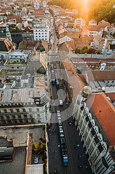 Zagreb Croatia. Aerial View from above of Ban Jelacic Square