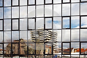 City Reflections of Zagreb in a Glass covered Building 0135