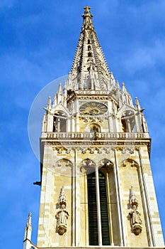Zagreb, Croatia, Cathedral. white stone church tower and clock