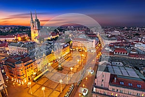 Zagreb Croatia at Night. View from above of Ban Jelacic Square photo