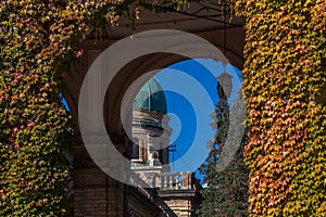 Zagreb, Croatia - October 2018. Autumn leaves as decoration on chapels and tombstones in the cemetery in the fall