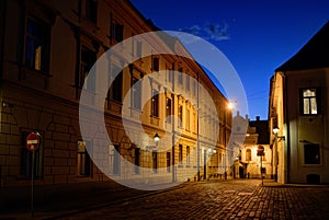 Zagreb Upper Town cobblestone street at dusk