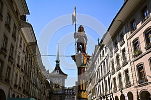 The Zahringen Fountain and the Zytglogge in Bern Old City - Switzerland