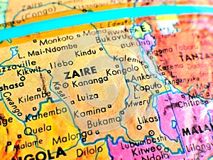 Zaire Africa focus macro shot on globe map for travel blogs, social media, website banners and backgrounds.