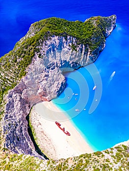 Zakynthos, Greece. Aerial view famous Navagio Beach, Greek Islands