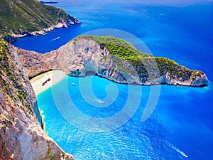 Zakynthos, Greece. Aerial view famous Navagio Beach, Greek Islands