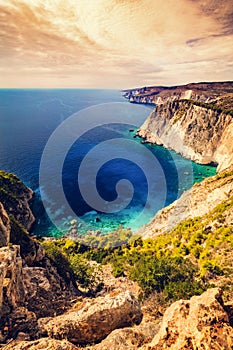 Zakynthos in Greece, Keri cliffs and Ionian sea at sunset