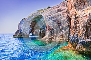 Zakynthos, Greece. Rock arches of Blue Caves, Agios Nikolaos boat trip