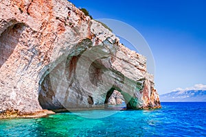 Zakynthos, Greece. Rock arches of Blue Caves, Agios Nikolaos port trip