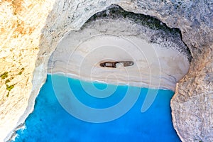 Zakynthos island Greece shipwreck Navagio beach travel vacation background drone view aerial photo