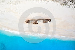 Zakynthos island Greece shipwreck Navagio beach travel vacation background drone view aerial photo
