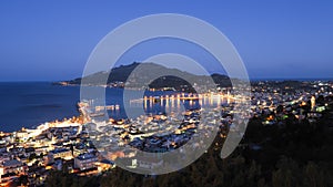 Zakynthos panorama over the capital city Zante Town at night wit