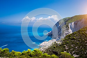 Zakynthos steep coastline, limestone cliffs on the western part of island. Greece photo
