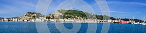 Zakynthos town harbor with boats on Zakynthos island in Greece