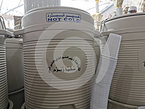 Zam-Zam water storage barrels are placed around in the Prophet's mosque.