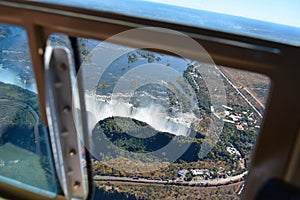 Zambezi river and Victoria Falls. Window view from the helicopter. Zimbabwe