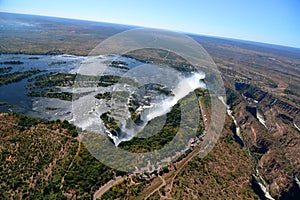 Aerial view of Zambezi river and Victoria Falls. Zimbabwe