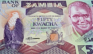 Zambia 5 Kwacha currency banknote with eagle and former president Kenneth Kaunda