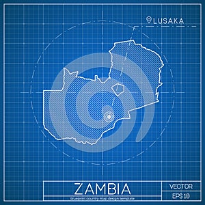 Zambia blueprint map template with capital city.