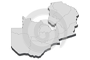 Zambia map in 3D. 3d map with borders of regions.