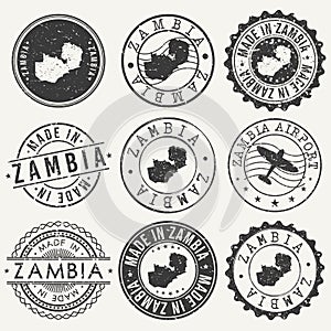 Zambia Set of Stamps. Travel Stamp. Made In Product. Design Seals Old Style Insignia.