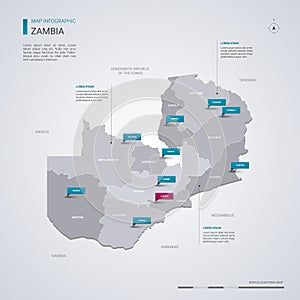 Zambia vector map with infographic elements, pointer marks