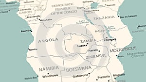 Zambia on the world map. Smooth map rotation. 4K animation