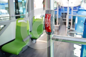 Zamora, EspaÃÂ±a - 27 de Junio de 2022 - Call buttons to stop the driver of public transport in an urban bus photo
