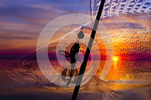 Zander fishing. Silhouette of fishing tackle on on blurred walleye fish background at sunset. Soft focus