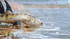 Zander in the hand of an angler. Catch and release