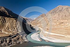Zanskar river joining Indus river in Ladakh, India photo