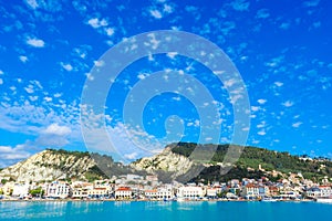 Zante town panorama from the sea. Sunny summer day on the island