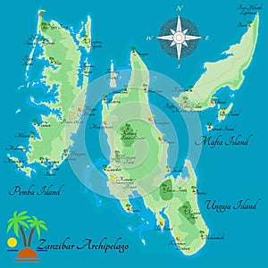 Zanzibar Archipelago. Realistic illustration of islands Unguja Island, Pemba Island, Mafia Island.
