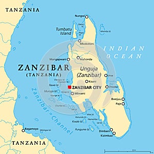 Zanzibar Island, Unguja, Tanzania, in the Indian Ocean, political map