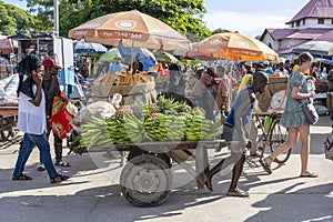 African man carrying a cart of tropical fruits at a local street food market on the island of Zanzibar, Tanzania, east Africa