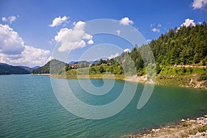 Zaovine lake on Tara national park in Serbia, Europe. Beautiful landscape with cloudy sky