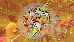 Zap text on speech bubble against kids playing tug of war
