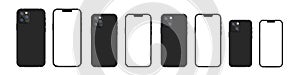 Zaporizhzhia, Ukraine - August 16, 2021: New iPhone 13, Pro Max, Pro, Mini. Mock-up screen iphone and back side iphone. Vector
