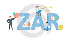 ZAR, South African rand. Concept with keyword, people and icons. Flat vector illustration. Isolated on white.