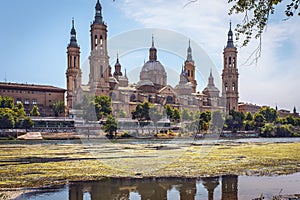 Zaragoza. Basilica del Pilar and Ebro River in the Evening. Aragon, Spain