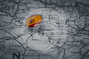 Zaragoza pinned on a map with flag of Spain