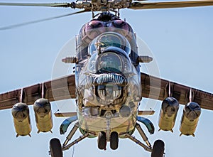 ZARAGOZA, SPAIN - MAY 20,2016: Special painted Czech Republic Air Force Mil Mi-24 Hind attack helicopter arriving on Zaragoza