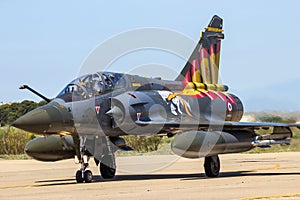 ZARAGOZA, SPAIN - MAY 20,2016: French Air Force Dassault Mirage 2000 fighter jet plane taxiing on Zaragoza airbase