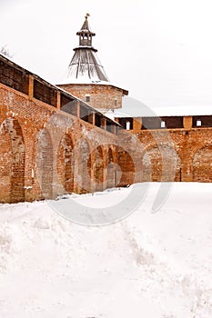 Zaraysk Kremlin walls and towers at winter day. Russia, Moscow region