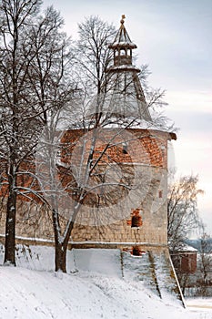 Zaraysk Kremlin walls and towers at winter day. Russia, Moscow region