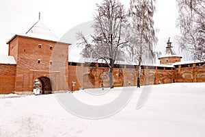 Zaraysk Kremlin walls and towers at winter day. Russia, Moscow region