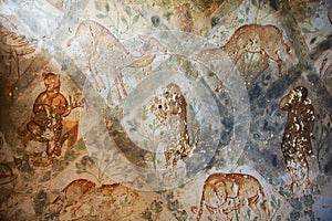 Fragment of the Roman mural wall decoration at an ancient Umayyad Desert Castle of Qasr Amra in Zarqa, Jordan.