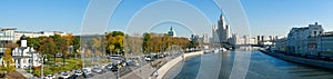 Zaryadye park, floating bridge. Panoramic view of the Moscow River and the Stalin skyscraper on the Kotelnicheskaya embankment on