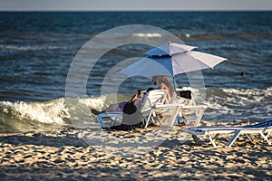 Zatoka beach at evening time in September. Odessa region, Zatoka, Ukraine